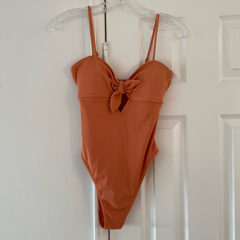 NWOT Ribbed Tie-Front Coral One-Piece Bathing Suit w/ High-Cut Legs